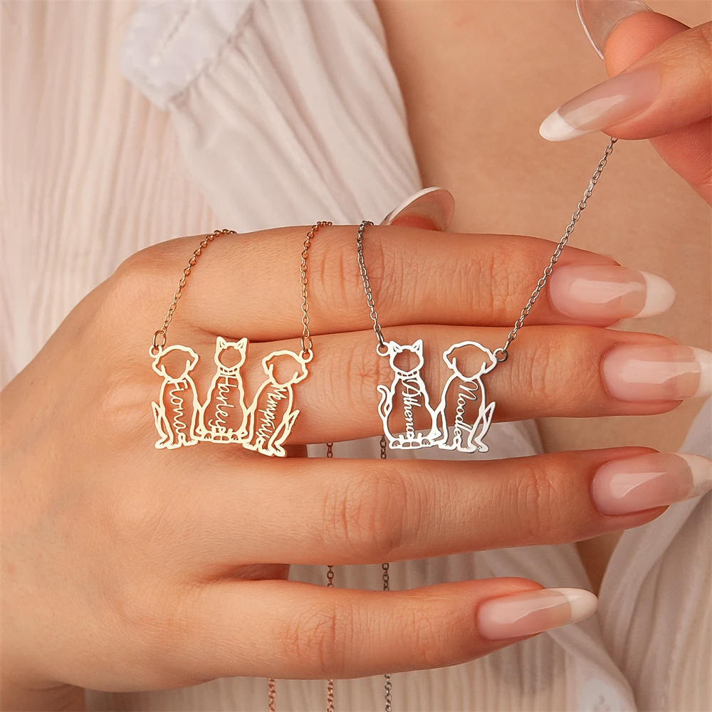 Custom Multiple Pet Name Necklace Personalized Memorial Gift 18K Gold Plated Cat Dog Silhouette Necklaces for Animal Lovers Gift