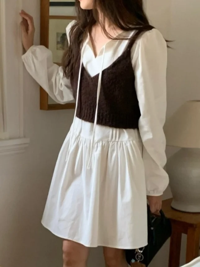 시크한 초봄 브이넥 리본 묶음 단색 달콤한 안티에이징 플리츠 버블 소매 루즈 드레스 여성 패션 봄 드레스