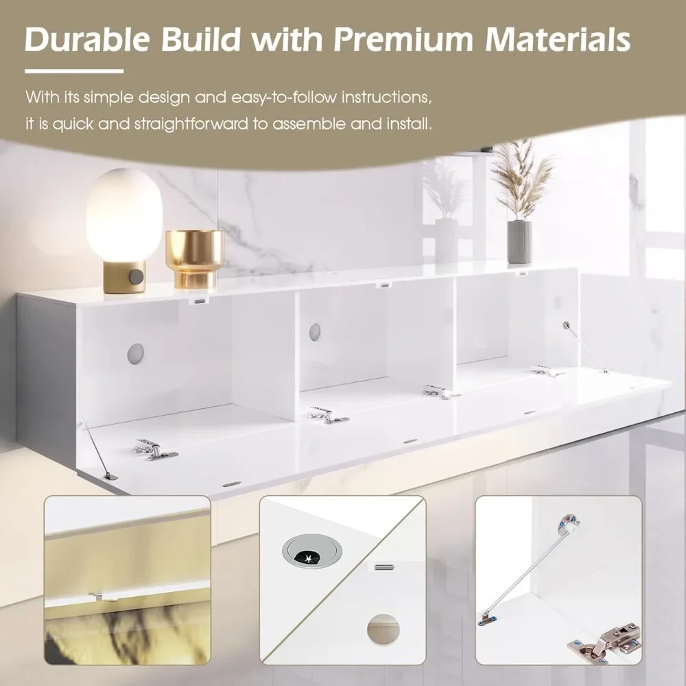 

Floating TV Stand with LED for 60 65 70in TV, White High Gloss Wall Mounted Modern Entertainment Center with Storage