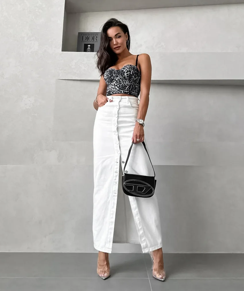 High Waist White Single Breasted Long Skirt Fashion Pocket Slim Slit Women Skirts Spring Fall Streetwear Straight Skirt Cotton