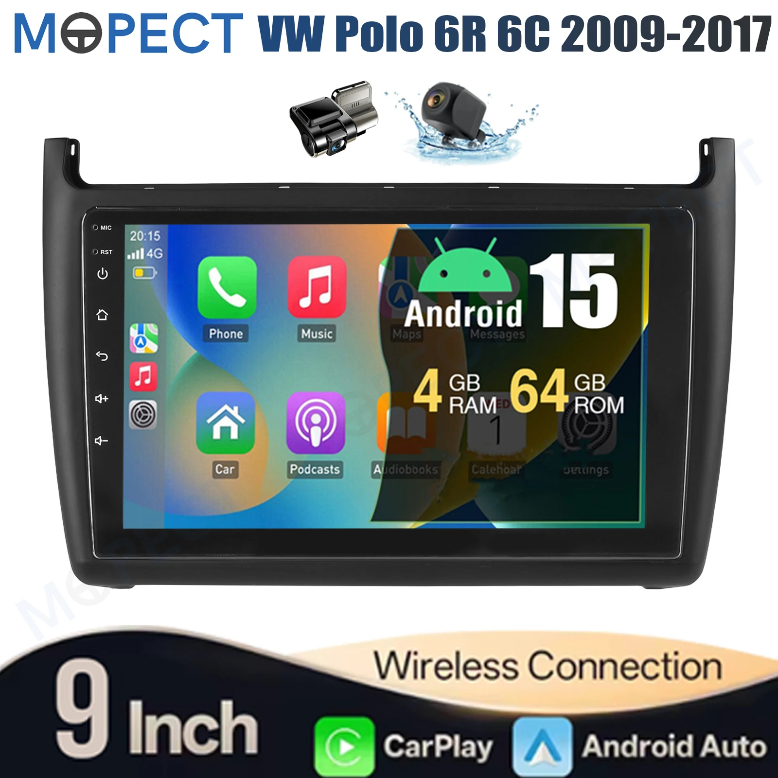 4+128GB 9 inch Android 15 autoradio met CarPlay voor VW Polo 6R 6C 2009-2017 GPS navigatie touchscreen FM/AM head unit SWC+DAB&camera