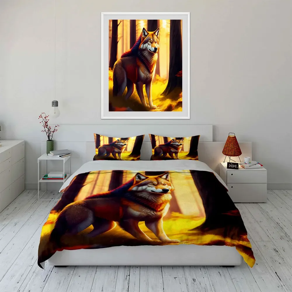 Fantasy Wolf Bedding Set, Majestic Wolf in Golden Sunlight Forest Print Duvet Cover + 2 Pillowcases, Wildlife Art Decor 3Pcs