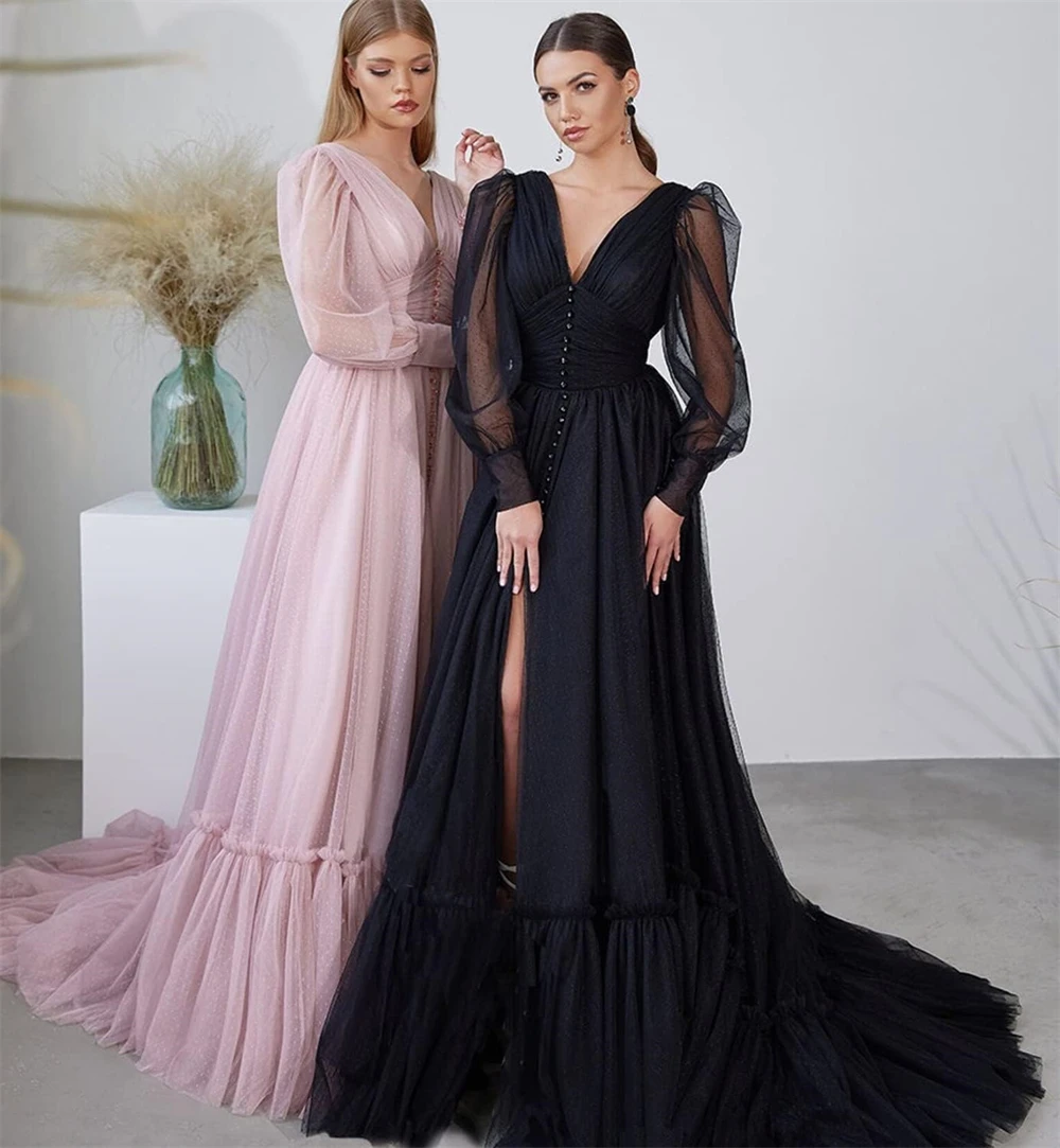 Tulle Off-the-Shoulder V-Neck Button Evening Dresses With Split Backless Long Sleeves Ball Gown A-line Pleated Corset Prom Dress