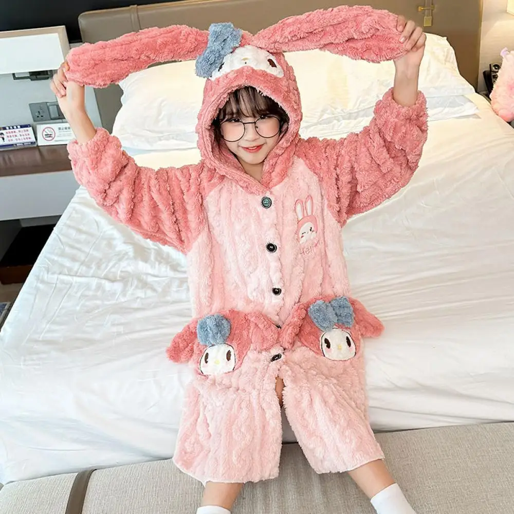 Sanrios My Melody Children's Coral Fleece Thickened Warm Kawaii Kuromi Cinnamoroll Girls Boys Plush Pajamas Robe Winter Homewear