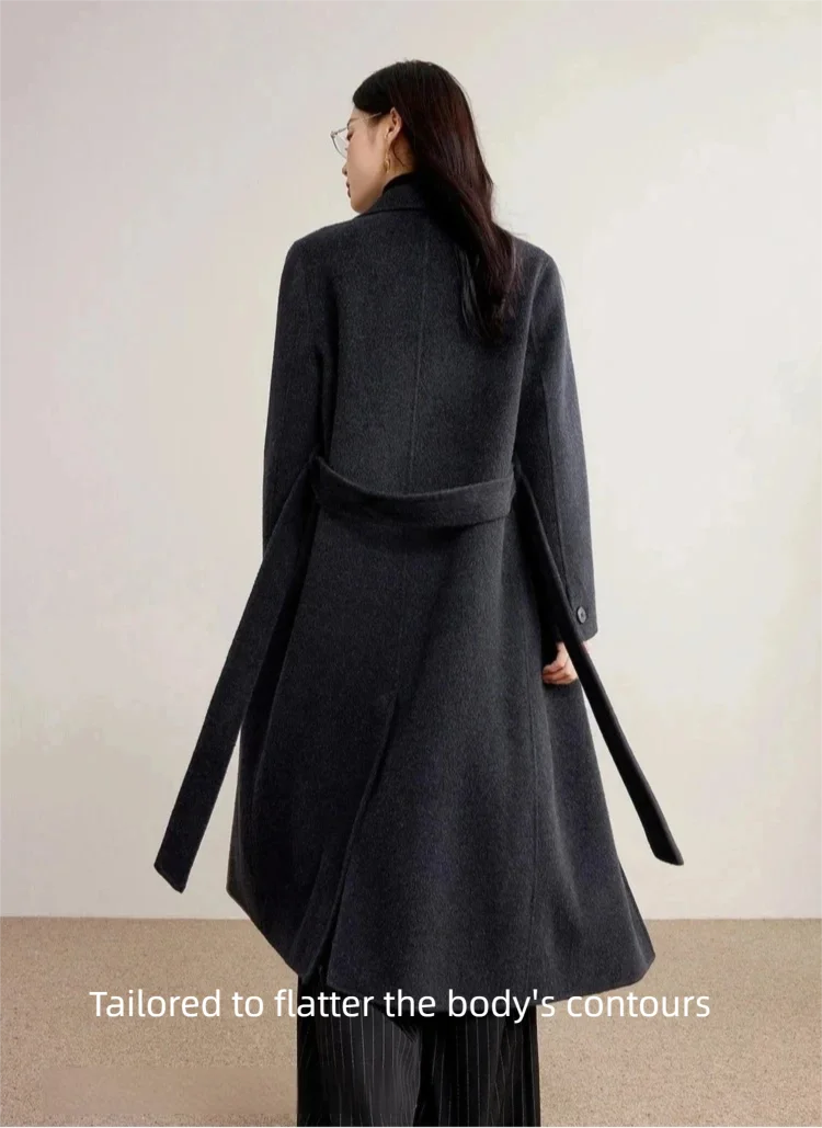 SENTUBILA Damen-Wintermantel aus Wolle mit Doppelreiher, Damen-Oberbekleidung 2026, Business-Mantel für Pendler, mittellanger Mantel mit Gürtel W54OA8781 – Detail 21