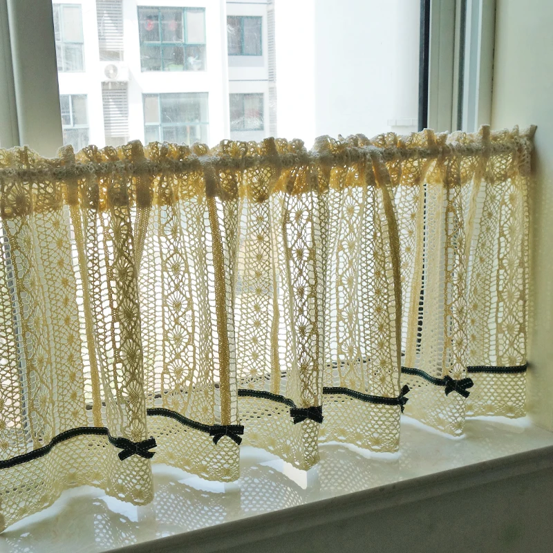 

Rustic Boho Curtain Valance for Kitchen Window Farmhouse Handmade Crochet Curtain Tiers for Coffee Decor Room Divider Rod Pocket