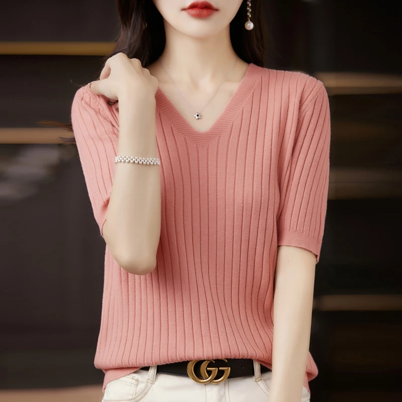 Camisola feminina primavera verão manga curta com decote em v camisa de malha casual coreano pullovers listra camisa de fundo fino ajuste jumpers