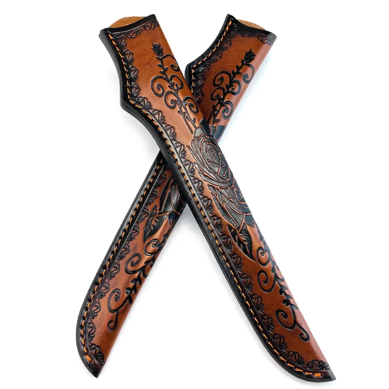 Genuine Cowhide Fixed Blade Knife Sheath - Universal Full-Grain Leather Case for Hunting Knife Embossed Design
