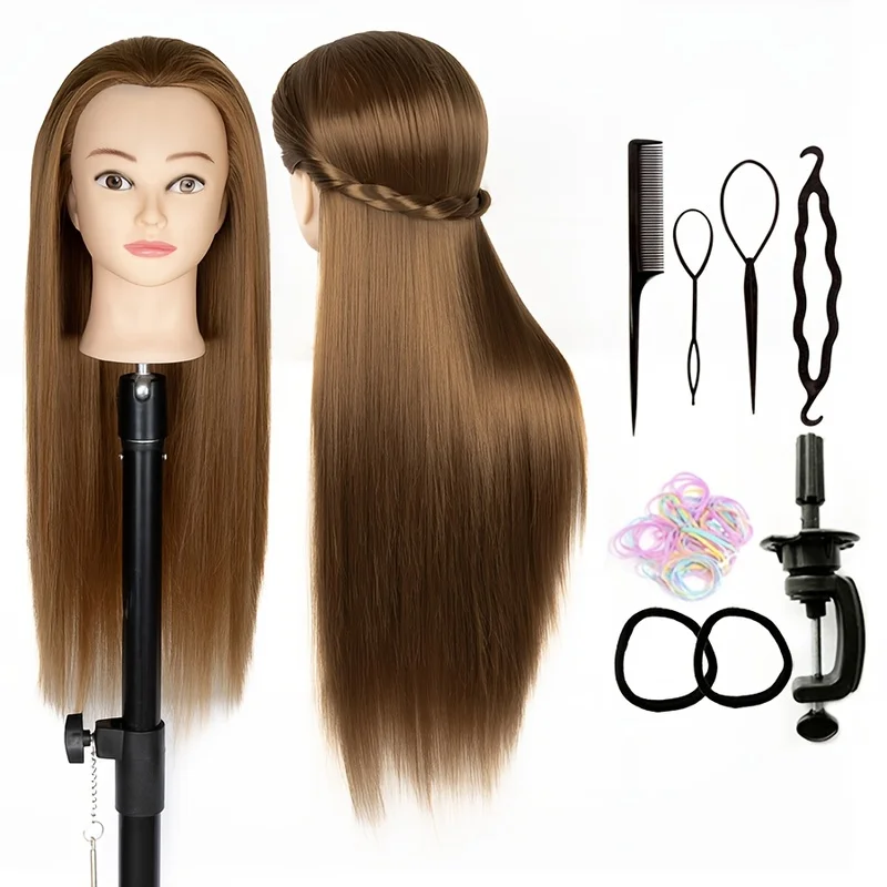 Training Head 24In Hairdresser Styling Head Synthetic Fiber Hair Styling Head, Hairdressing Head with Clamp And Braiding Set
