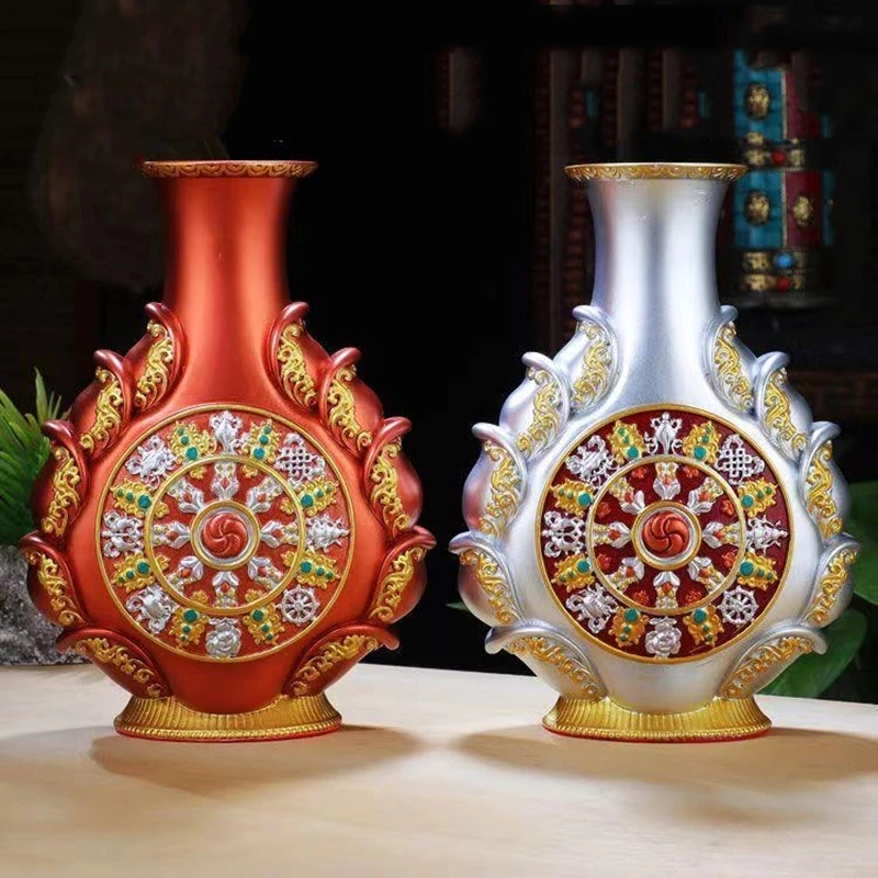 

Tibetan Buddhism Water Purification Bottle Vase Resin Inlaid Gem Handicraft Auspicious Tantric Desktop Altars Indoor Decorative