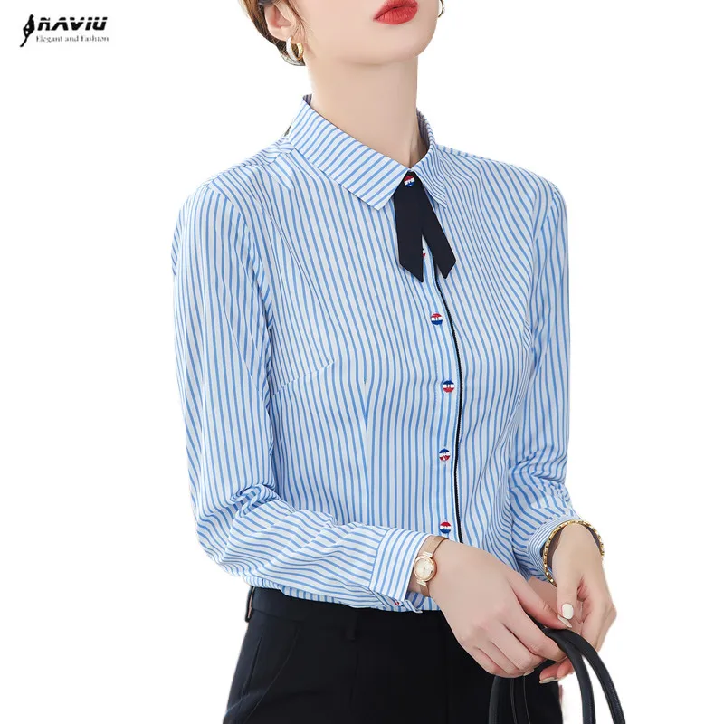 

Blue Stripes Women New Spring Temperament Porfessional Formal Long Sleeve Slim Chiffon Blouses Office Ladies Work Tops