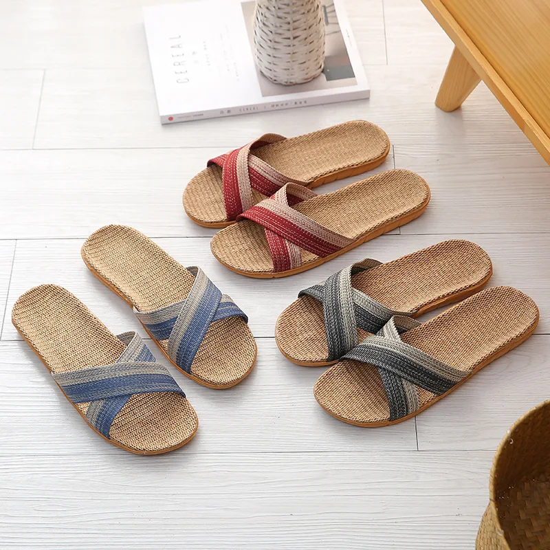 Fashion Linen Slippers Striped Sandals Men Breathable Flat Shoes Household Slippers Flip-Flops Shoes Summer Beach Slides