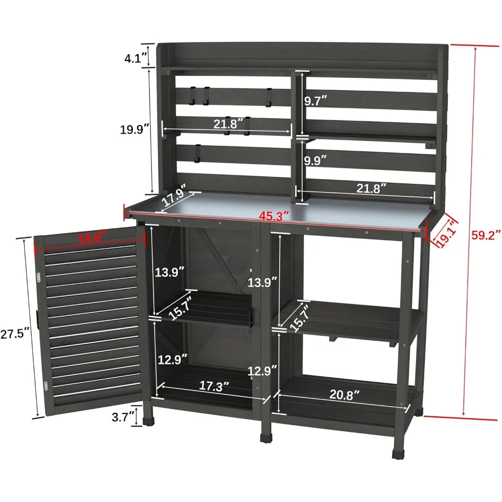 Potting Bench Table Large Garden Outdoor Work Bench Metal Tabletop Workstation with Storage Cabinet Shelf Dark Grey
