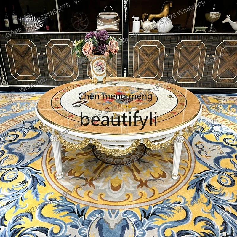 

N178 French solid wood coffee table, European carved round tea table, living room shell veneer tea table6220
