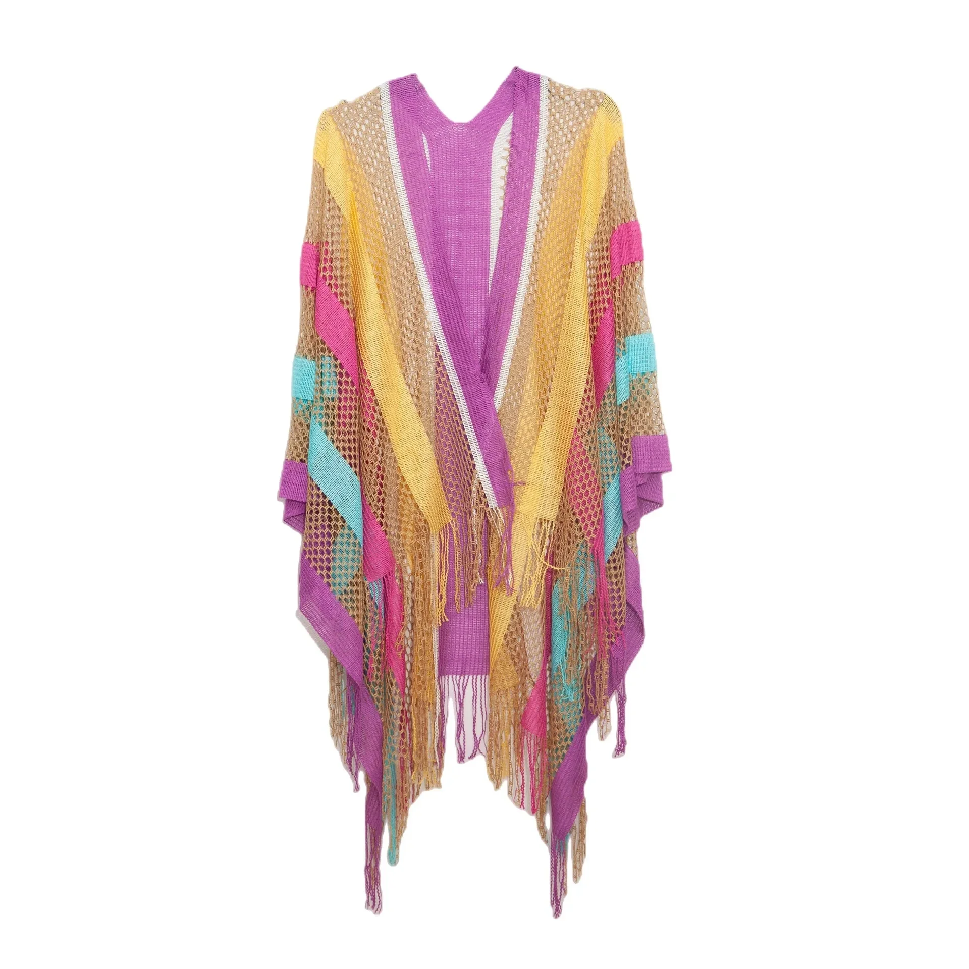 Cloak Women's Cloak Tourism Ethnic Style Rainbow Stripes Summer Sunscreen Thin Hollow Shawl Lady Poncho Capes