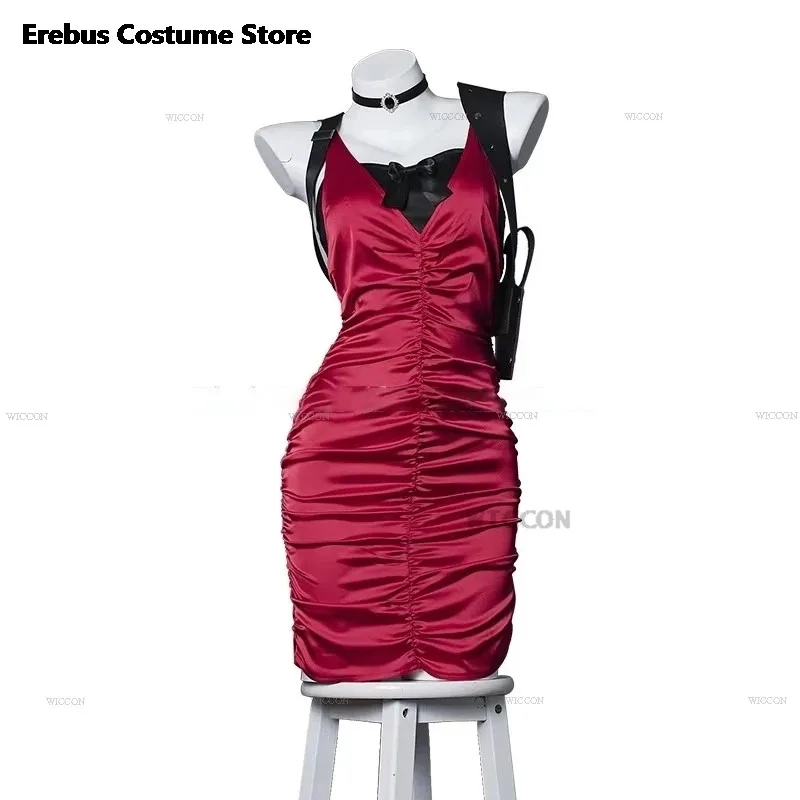 CyFemale Resident 4 Ada Wong أزياء تنكرية فستان شيونغسام الشر أحمر Ada شعر مستعار أحذية الهالوين كرنفال بدلة تنكرية للنساء والفتيات