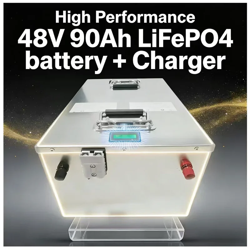 48V 90Ah LiFePO4 Battery with Bluetooth & RS485 Smart BMS, 58.4V 10A Charger Included, Heavy-Duty Deep Cycle Battery for Solar I
