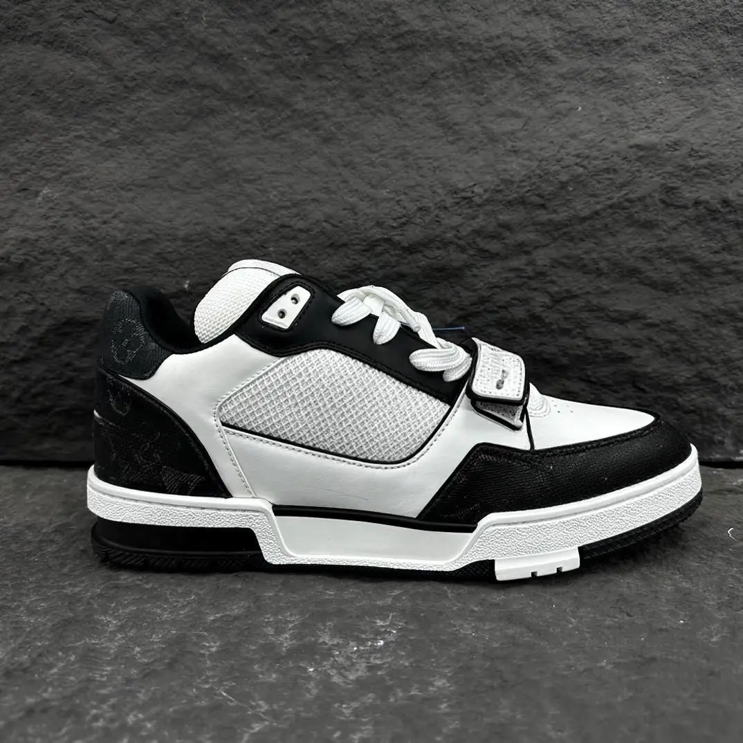 Unisex Black White Color Block Skate Sneakers Mesh Faux Leather Splicing Strap & Lace Up Thick Sole Street Shoes