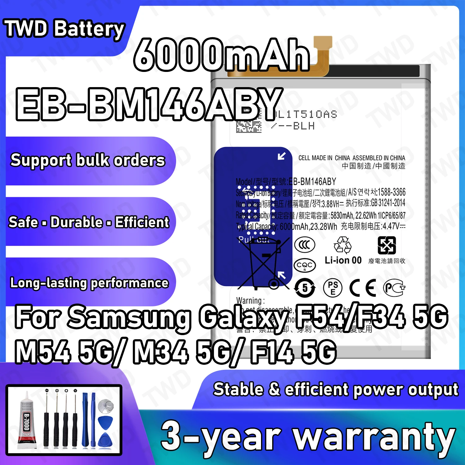

EB-BM146ABY Large capacity Battery For Samsung Galaxy F54/F34 5G/M54 5G/ M34 5G/F14 5G Batteries New High Quanlity+Free Tools