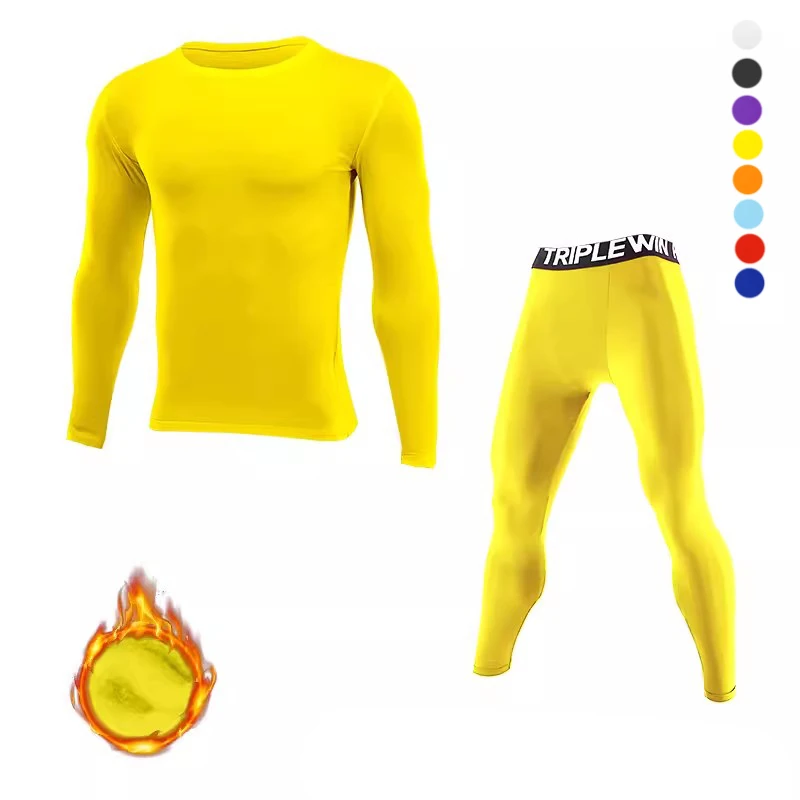 Men Fleece Thermal Running Set Children Gym Jersey Leggings Basketball Football Fitness Tops Tight Pants Sport Bottoming Clothes