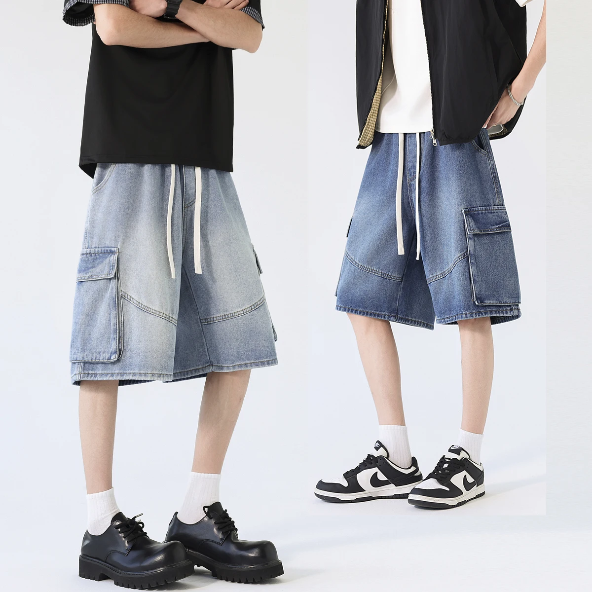 

2026 Men's Cargo Denim Shorts Loose Elastic Drawstring Waist Big Pockets Knee Length Casual Versatile Streetwear Shorts Male