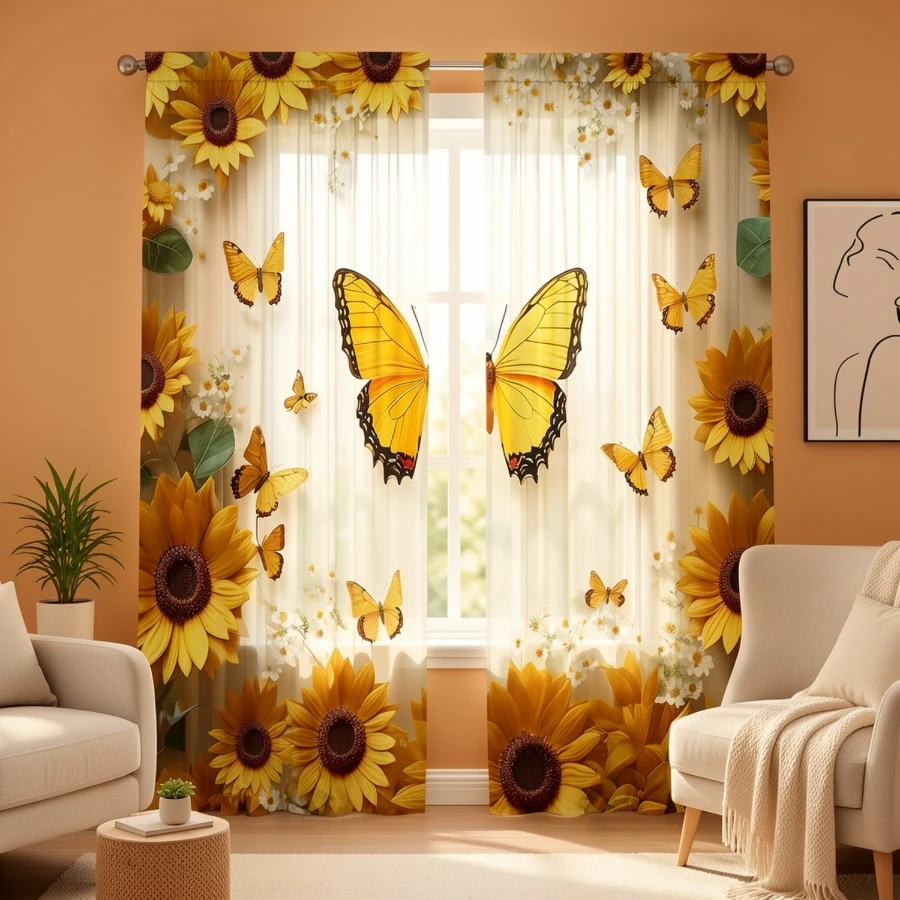 2PCS Digital Printed Curtains, Yellow Butterfly Sunflower Pattern, Stylish Window Treatment for Living Room Bedroom Decor
