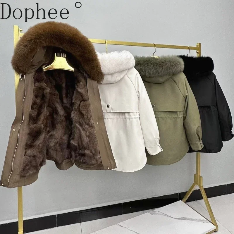 Mid-long Female Parkas 2024 New Korea Winter Warm Fur Jacket Removable Fox Fur Liner Hooded Coat Long Sleeve Casual Fur Overcoat