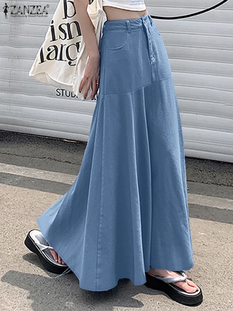 Fashion A-line Holiday Faldas Saia Jupes ZANZEA Elegant Women High Waist Long Skirts Solid Skirt Autumn Party Work Sundress 2024