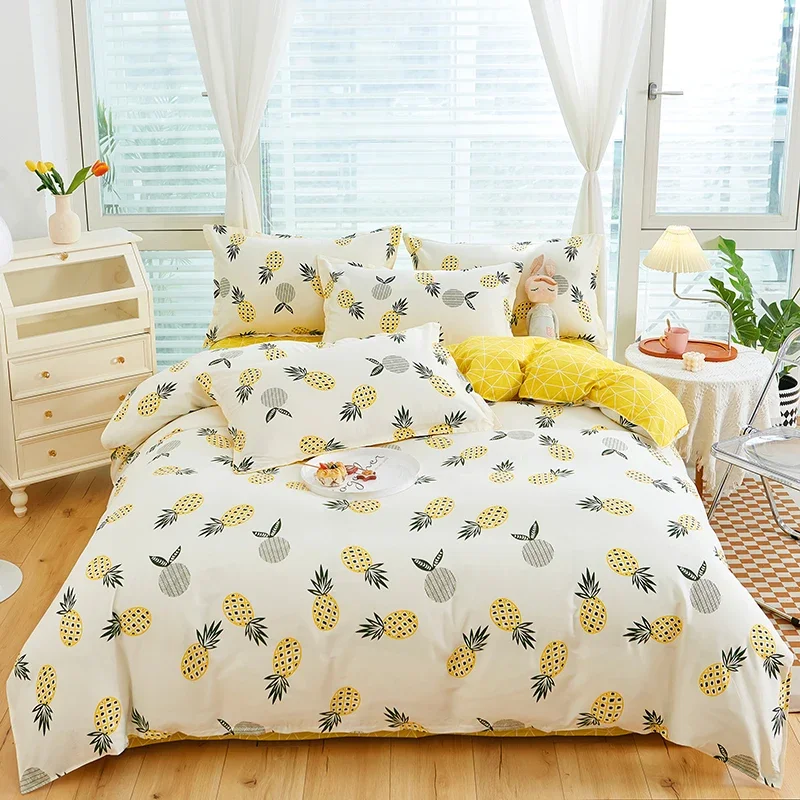 Cute Pineapple Cotton Duvet Cover Sets for Teen Girls Boys Yellow Bedding Set Tropical Fruit Pattern Comforter Covers Home Decor