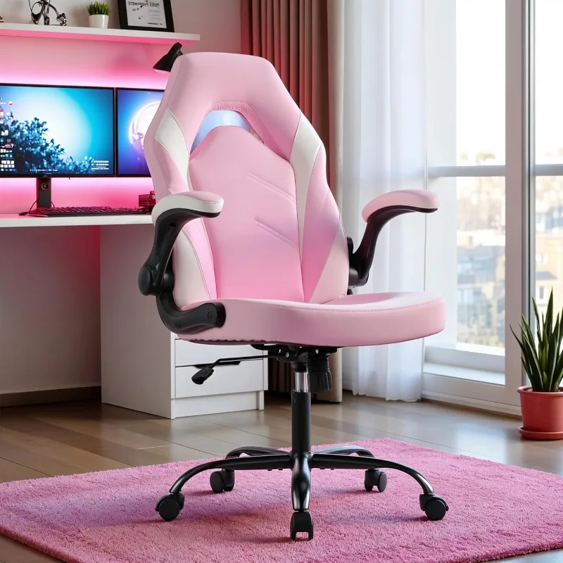 Ergonomic Gaming Desk Chair - Adjustable PU Leather Swivel Racing Chair with Flip-up Armrests for Home Office and Entertainment