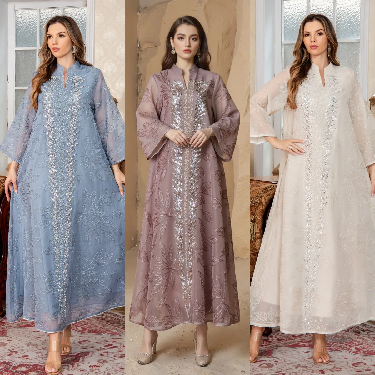 

Мусульманское платье-абайя с вышивкой и сетчатыми вставками, длинное, в стиле Ближнего Востока, Дубай, исламская роба, вечернее платье с бисером, женская одежда для Рамадана и Ид.