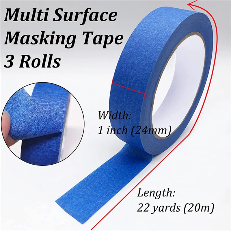 3Rolls Blue Painters Tape,Multi-Surface Medium Adhesive Paint Tape, Safe Wall Painting, Edge Finishing-1 Inch X 22 Yards