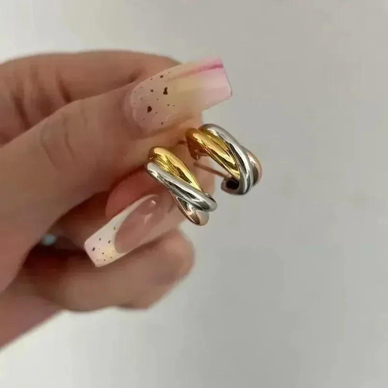 

2026New S925Three-Ring Tri-Color Earrings Smooth Pure Copper Gold Plated Ear Hoops Jewelry Gift for Best Friend Couple Ear Studs