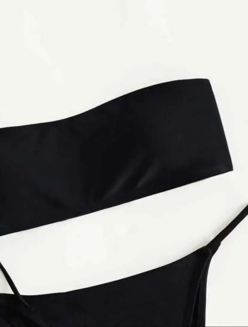 Bikini con Tanga de 3 piezas para mujer, traje de baño negro con vestido, traje de baño de banda para mujer, ropa de playa, traje de baño de verano 2025