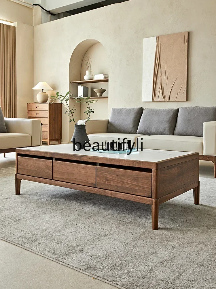 178CC Black Walnut Wood Coffee Table Solid Wood Rectangular Living Room Rock Plate Coffee Table TV Cabinet Combination