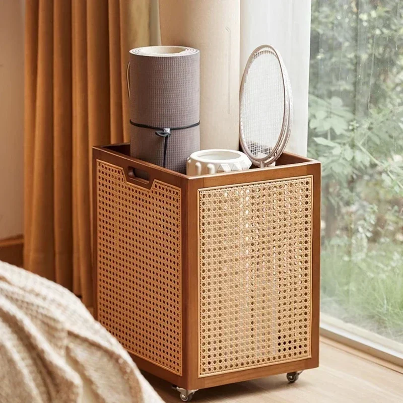 Walnut Color Dirty Clothes Basket Vine Weaving Design Laundry Hamper Toys Storage Bucket Good-looking Laundry Basket with Pulley