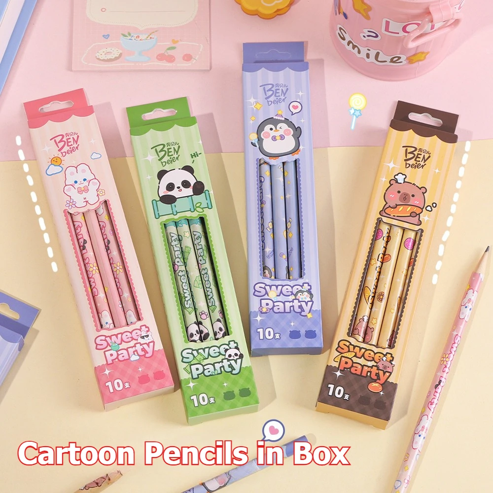 

Boxed HB pencils featuring pandas, penguins, strawberry rabbits and capybaras（Pack of 10）