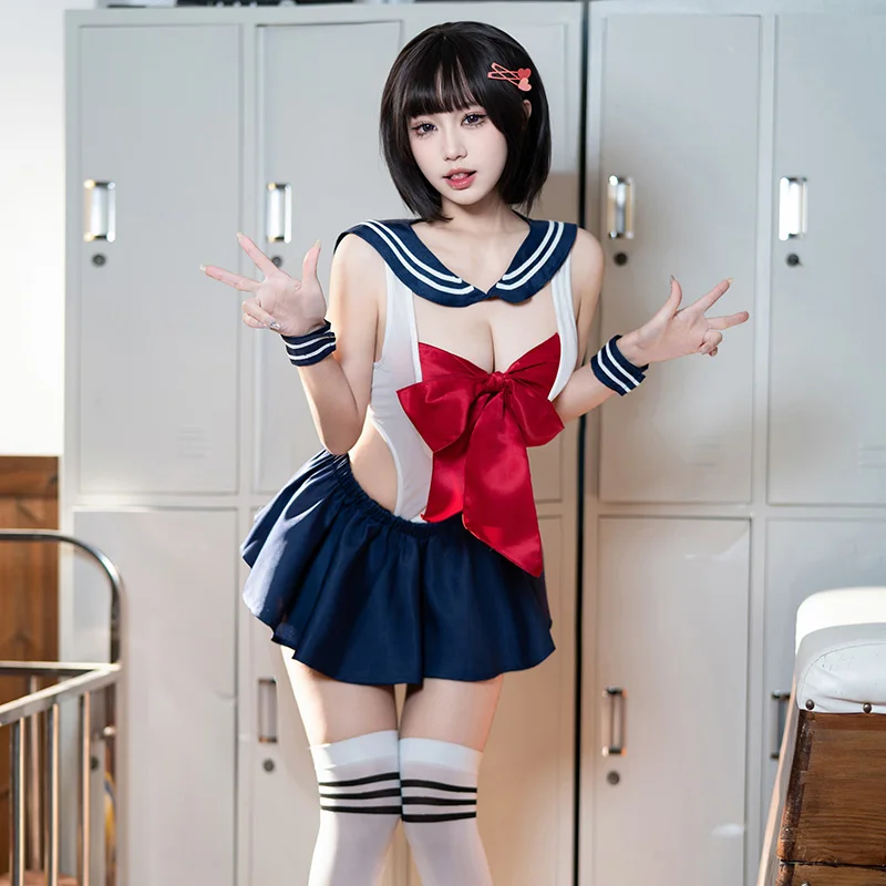LISM-Conjunto de lencería Sexy de marinero para mujer, mono azul marino blanco transparente + minifalda con lazo rojo, traje erótico de juego de rol