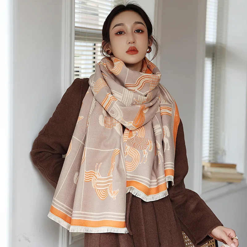 2022 New Luxury Brand Horse Animal Print Cashmere Shawl Winter Warm Women Pashmina Wrap Thick Shawl Blanket Female