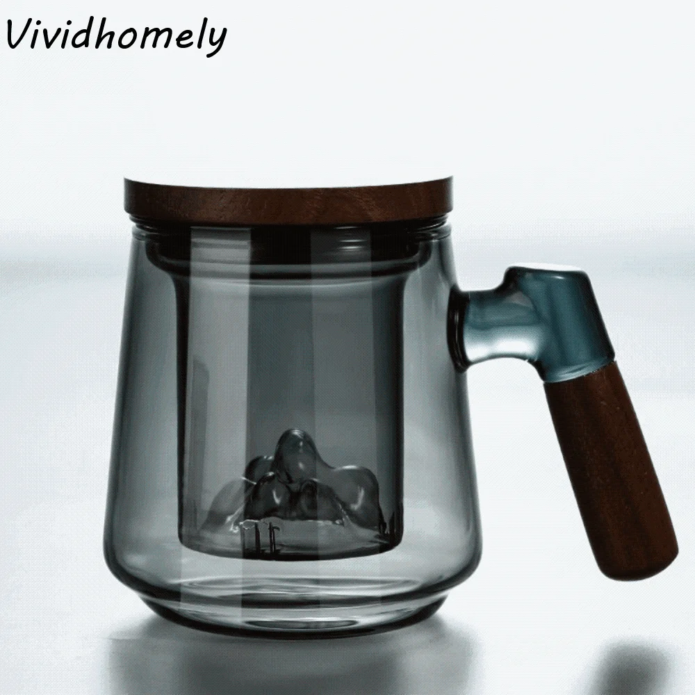 Taza de té de vidrio de borosilicato alto con infusor de té mango de madera tetera transparente resistente al calor diseño de vista de montaña hecho a mano