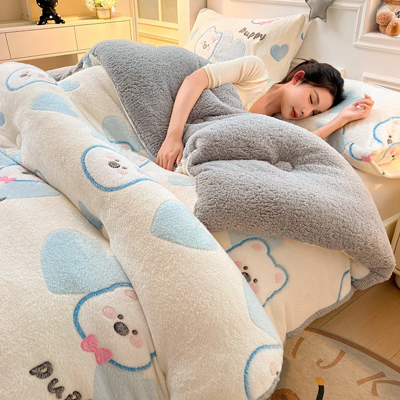 Cartoon Bear Sherpa Fleece Winter Blanket Super Thick Plush Warm Comforter Queen Soft Fluffy Snowflake Fleece Double Bed Blanket