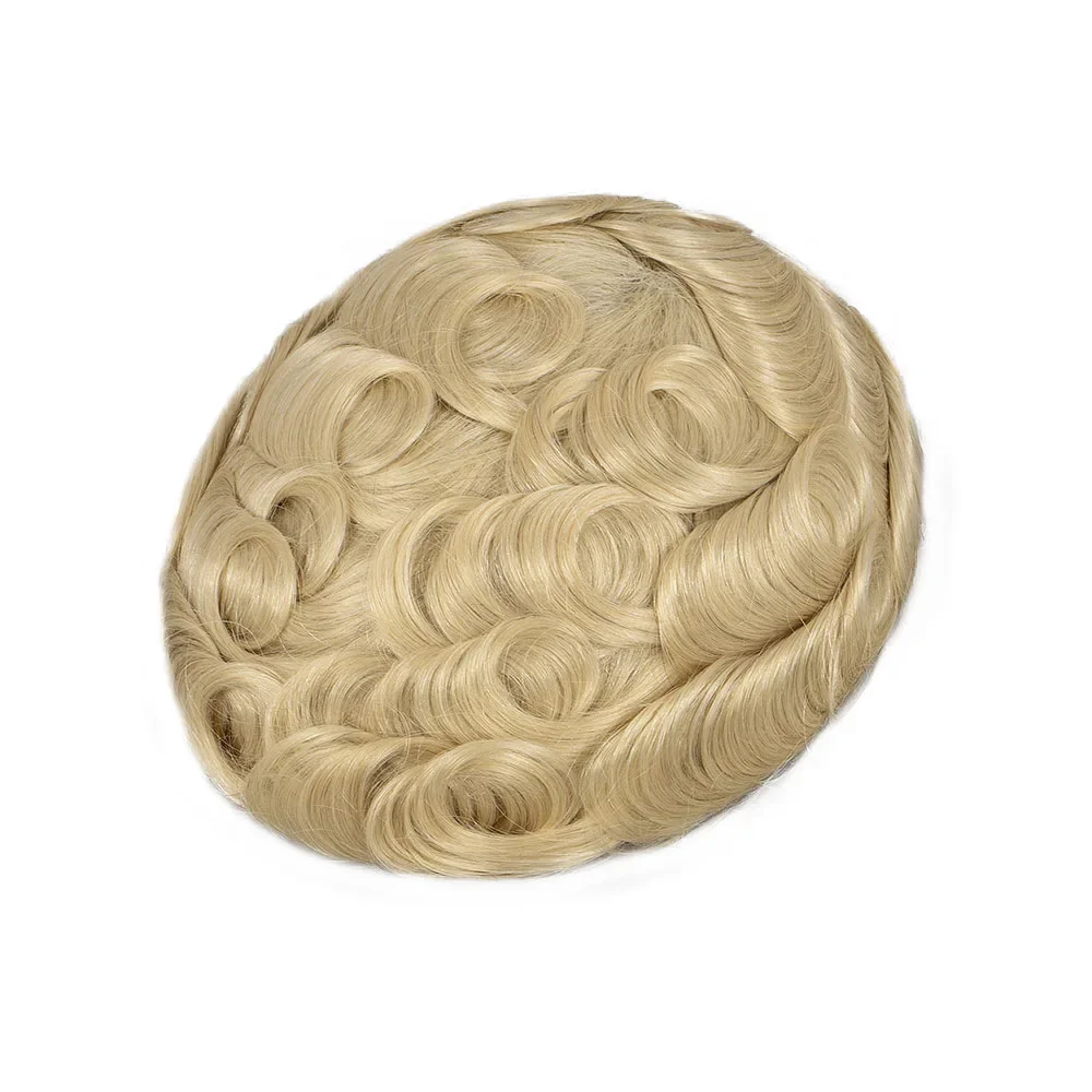 Gold 0.06mm Super Ultra Thin Skin Base 8*10 100% Density Remy Blonde Human Hair Toupee for Men Capillary Prosthesis System