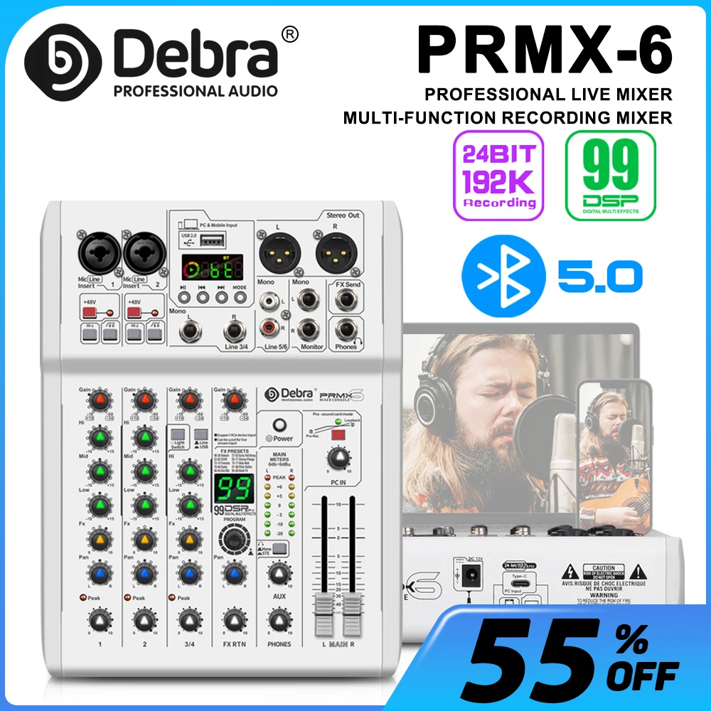 PRMX-6 Audio Mixer, DJ Mixer with 5.0 BT, 99 DSP Effects, Studio Quality 24bit 192k for Webcasting, Studio, Computer Recording