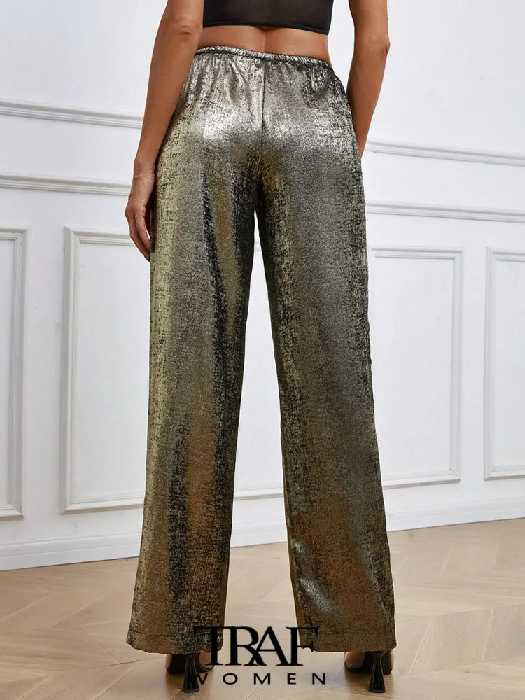 TRAF-Women's Metallic Straight Pants, High Elastic Waist with Drawstring, Female Trousers, Chic Fashion