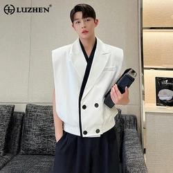 LUZHEN Summer Fashion Double Breasted Patchwork Design Sleeveless Vests Men Trendy Waistcoat Korean Reviews Many Clothes LZ2142