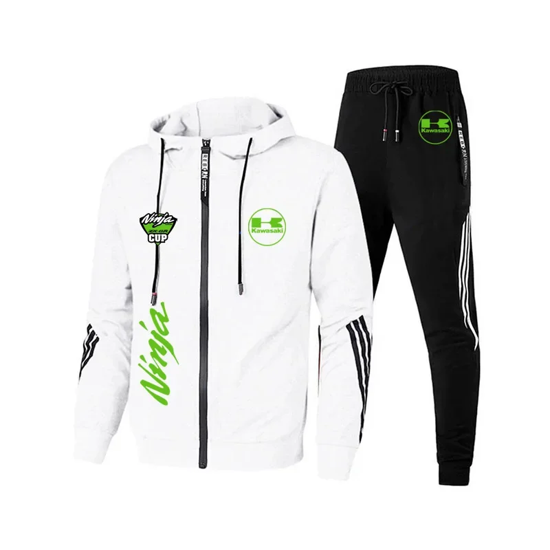 Kawasaki logo motorcycle team men's hooded long pants set, spring and autumn casual zipper sports shirt 2025 new jacket set