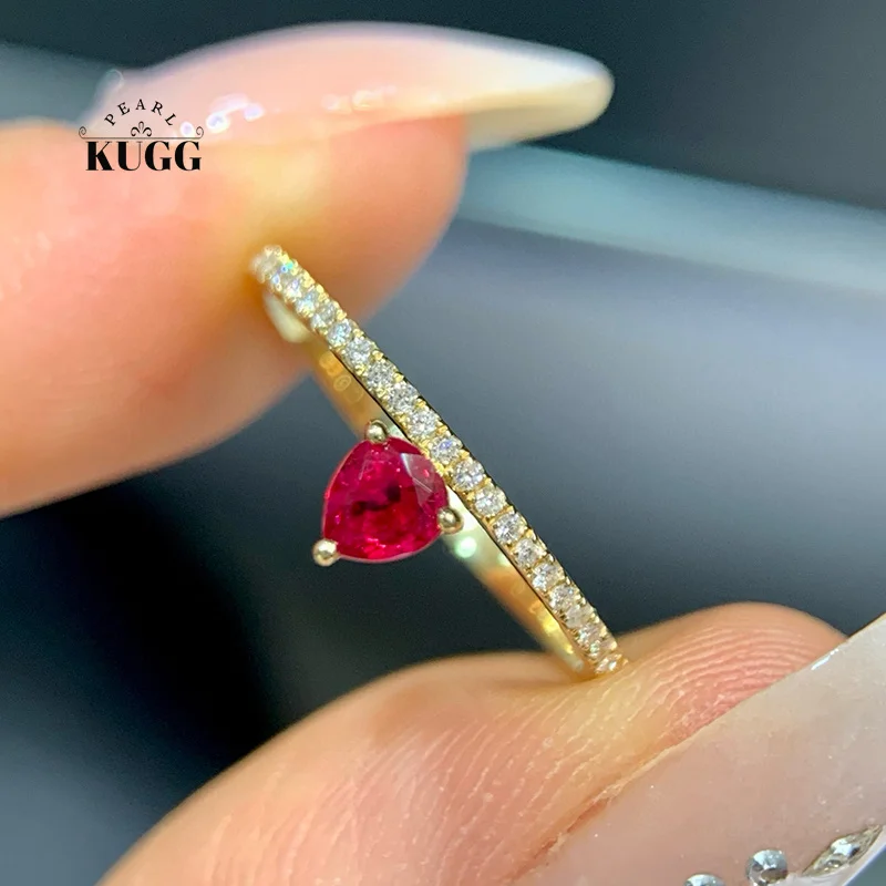 

KUGG 100% 18K Yellow Gold Rings Fashion INS Style Shiny Diamond Natural Ruby Ring for Women Anniversary Gift Fine Jewelry