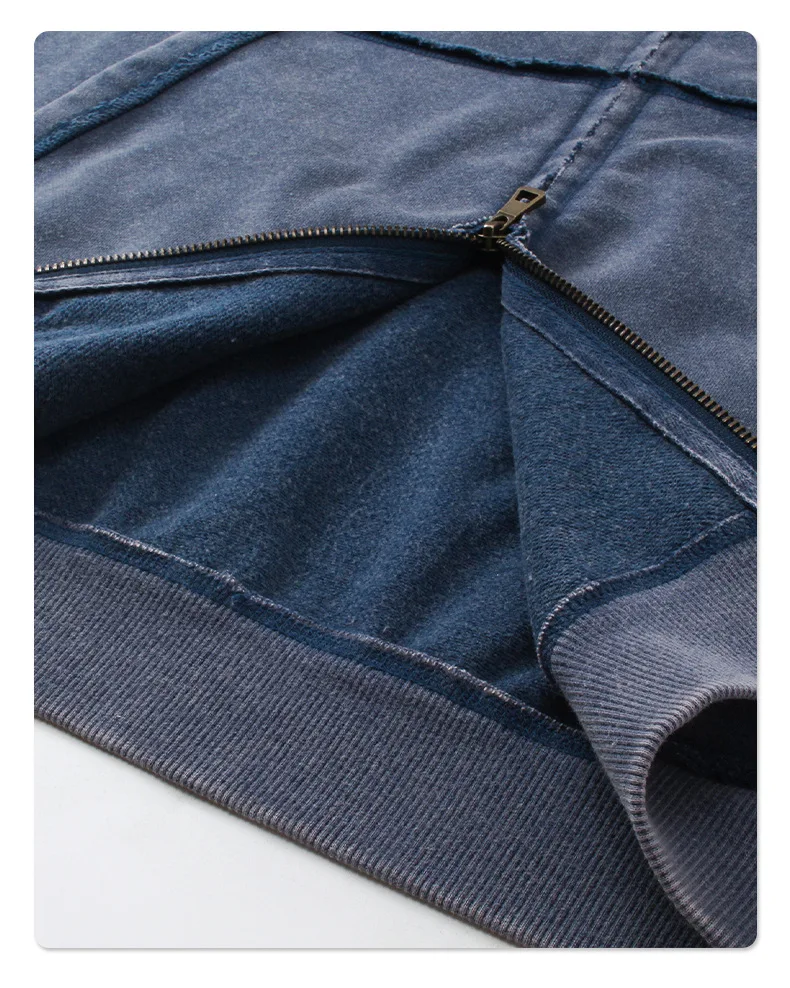 2024 Wash Distressed Hooded Sweatshirt mit Reiß verschluss Vinatge lose kantige Doppel reiß verschluss Hoodie y2k Herren Baumwolle Winterkleid ung – Detail 10