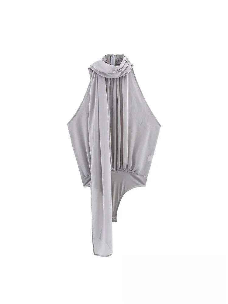 KONDALA Elegant Casual Chic Bodysuits Light Gray Bow Sleeveless Sheer Bodysuits New Fashion 2025 Summer Sheath Holiday Jumpsuits