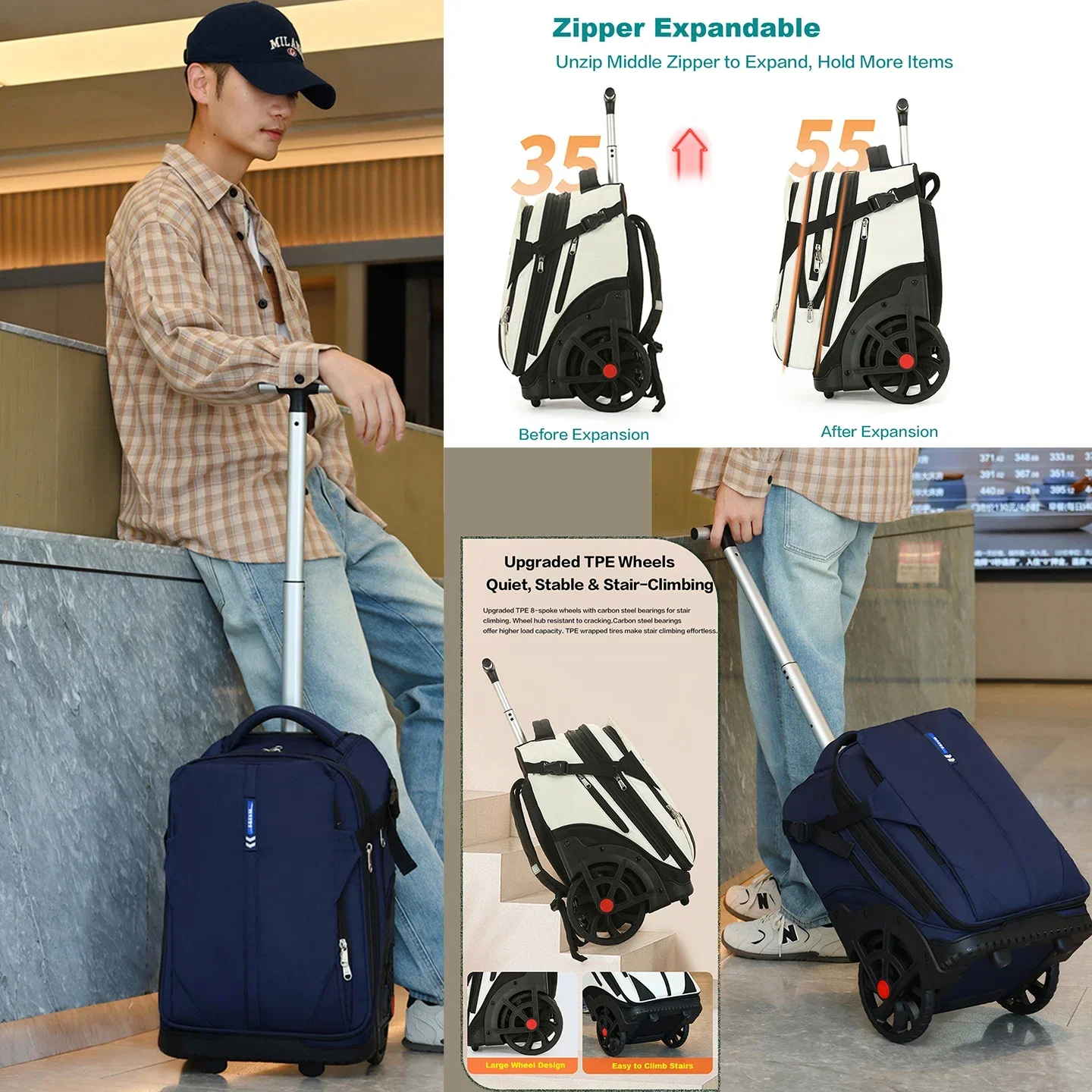 Large Capacity Wheeled Trolley Backpack Carry-on Bag Commute Travel Business Back to School Multi-functional Bag Laptop Backpack